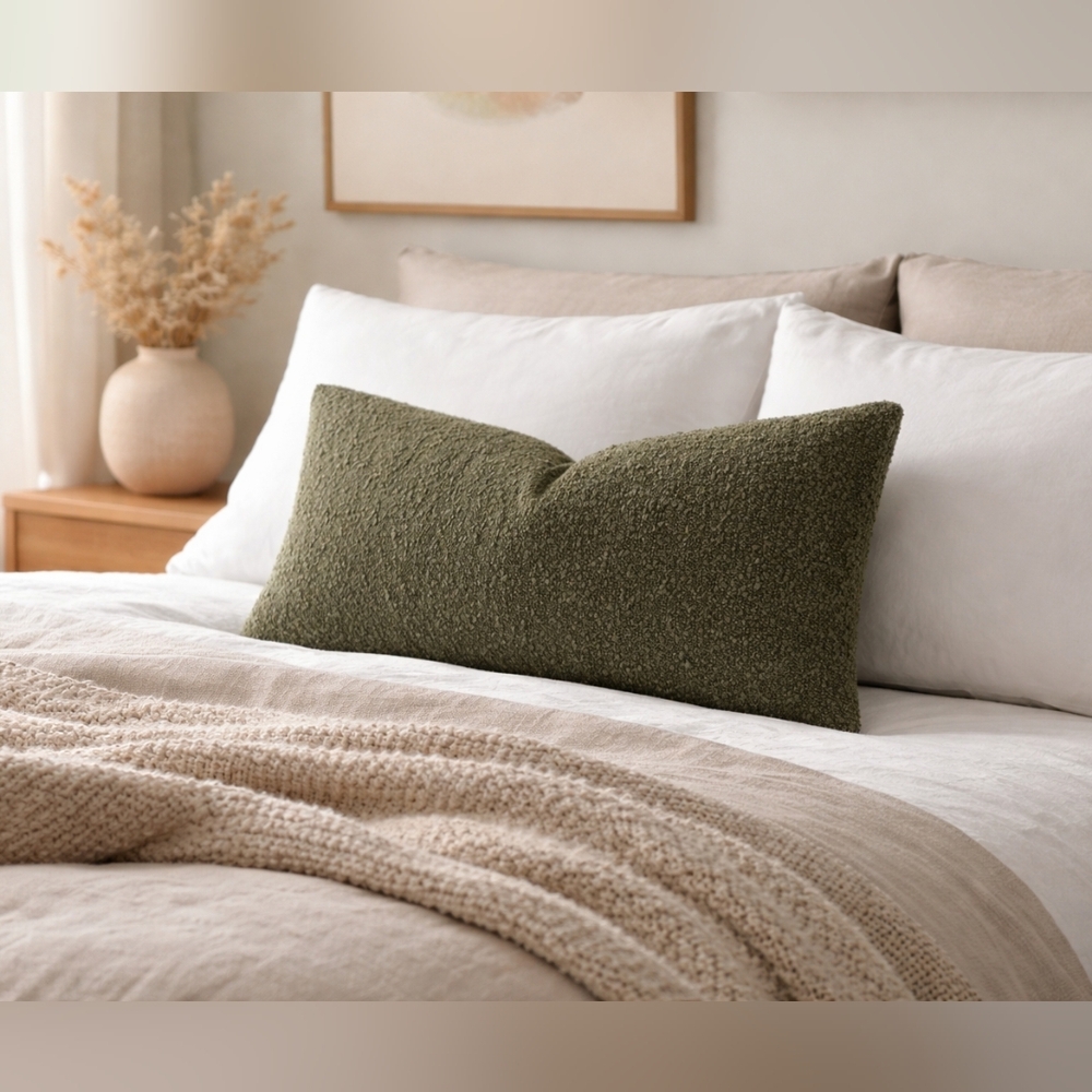 Olive Green Boucle Throw Pillow Cover 20x12
